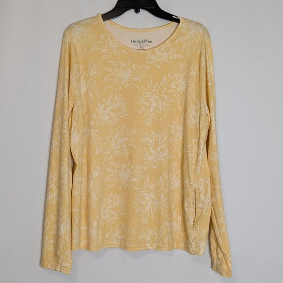 HANG TEN Yellow/White Floral Stretchy Knit Top, UV Protection UPF 50+; Size XXL - Picture 1 of 6